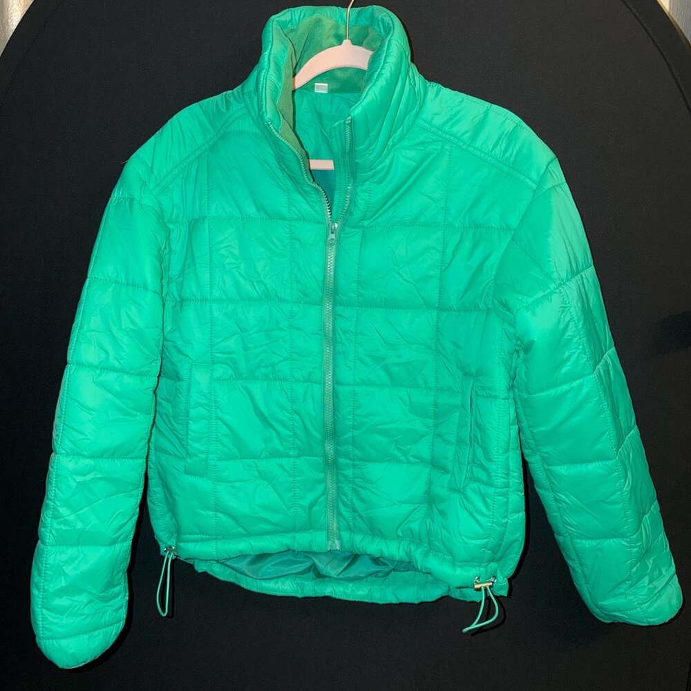 Green Quilted Zip-Up Puffer Jacket with Fleece Collar
